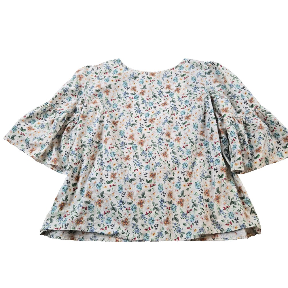 Time & Tru Women's Top‎ 100% Cotton Khaki  Floral Elbow Length Bell Sleeves 2XL